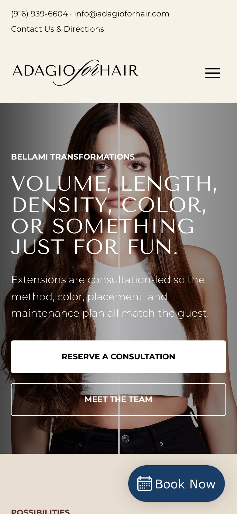 The Adagio For Hair extensions page on a phone