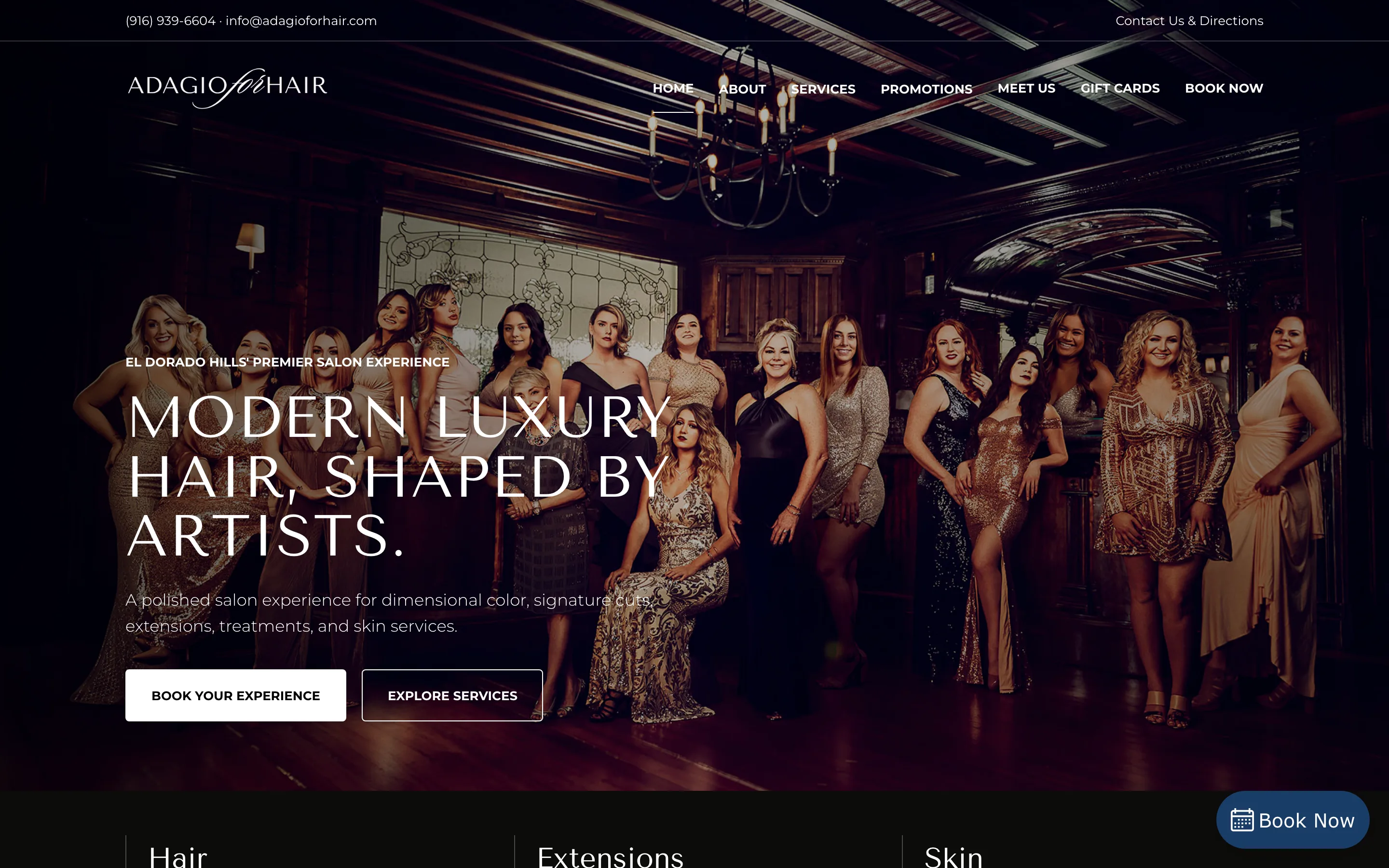 The Adagio For Hair home page, with a group photo in the salon under the headline Modern luxury hair, shaped by artists