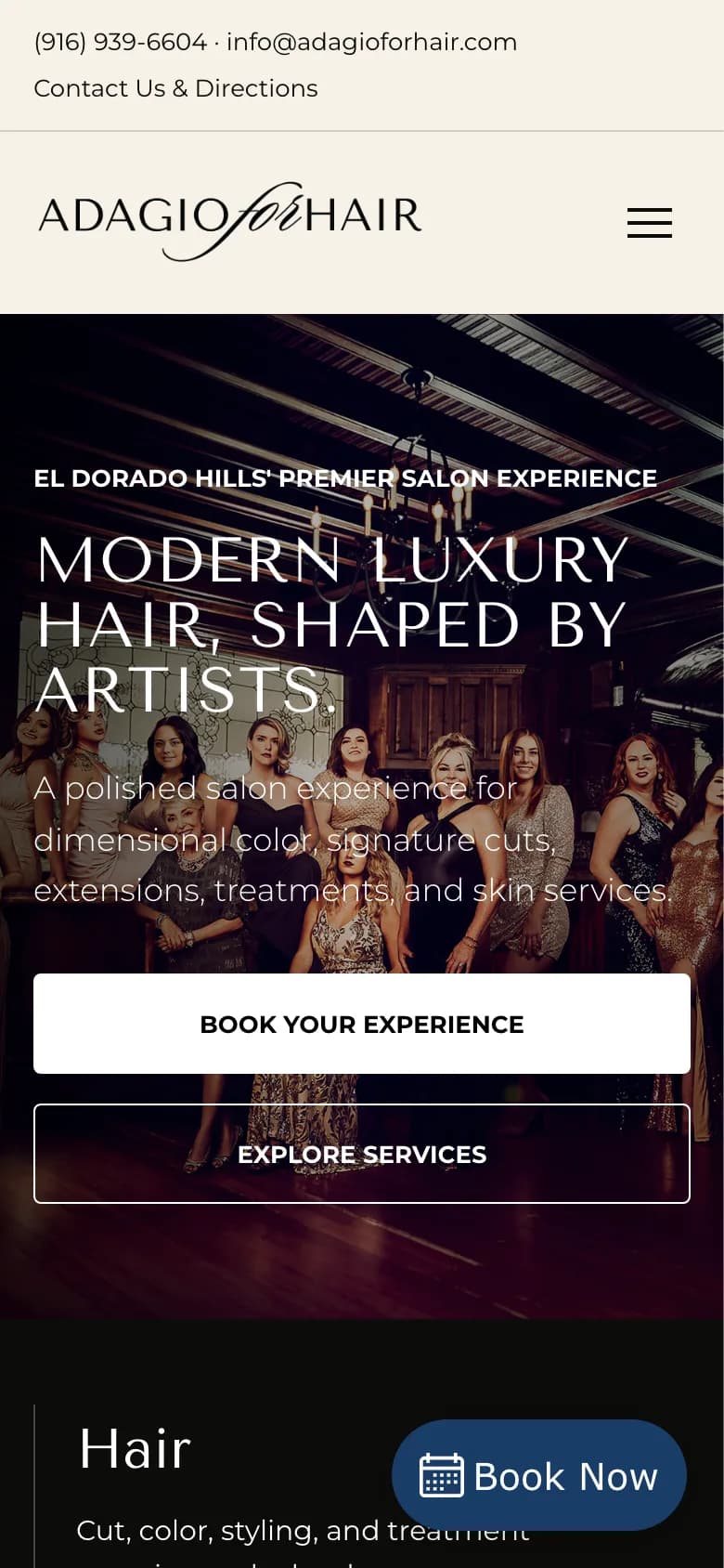 The Adagio For Hair home page on a phone with a Book Now button