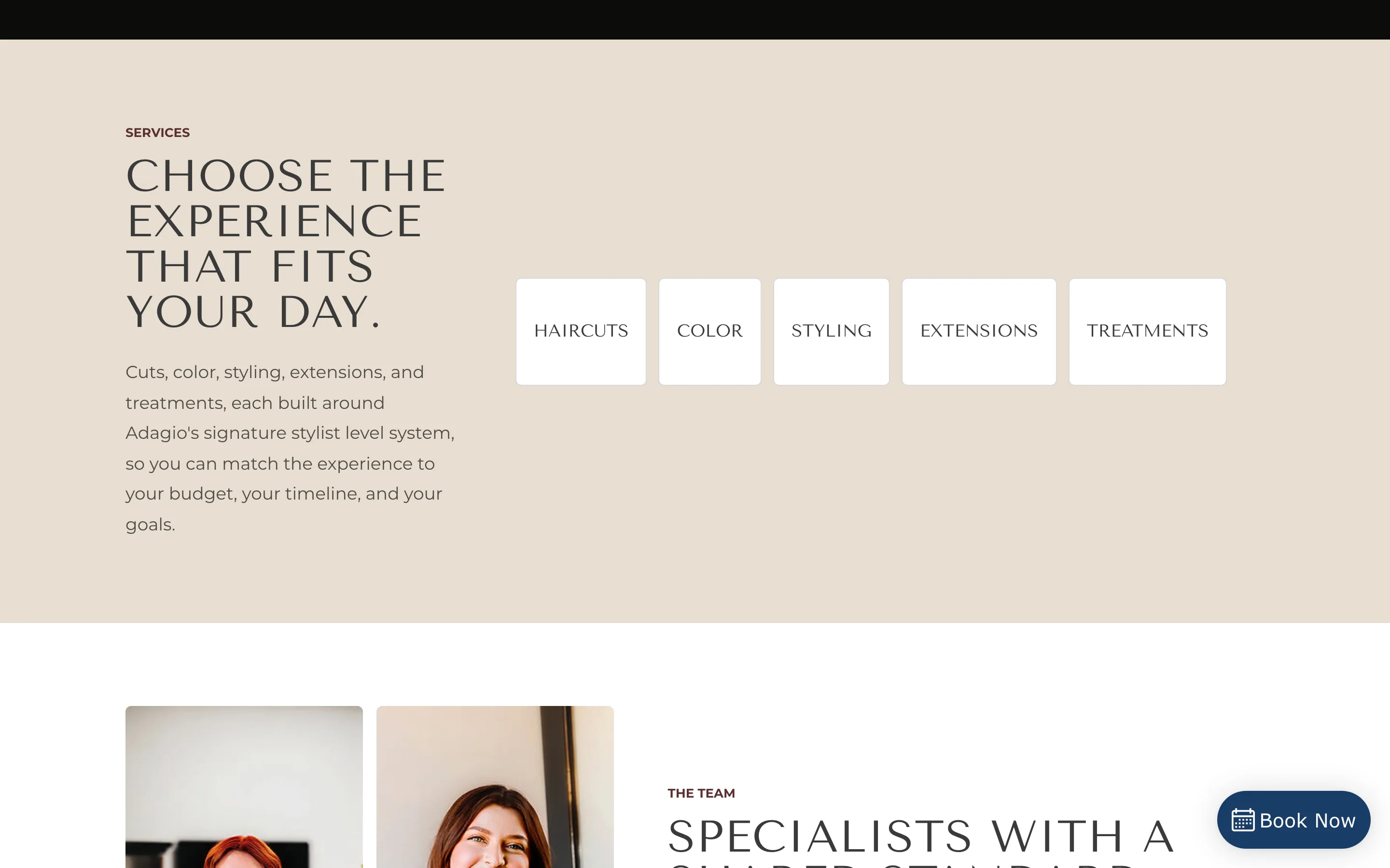 The Adagio For Hair services section with buttons for haircuts, color, styling, extensions and treatments, and a Book Now button