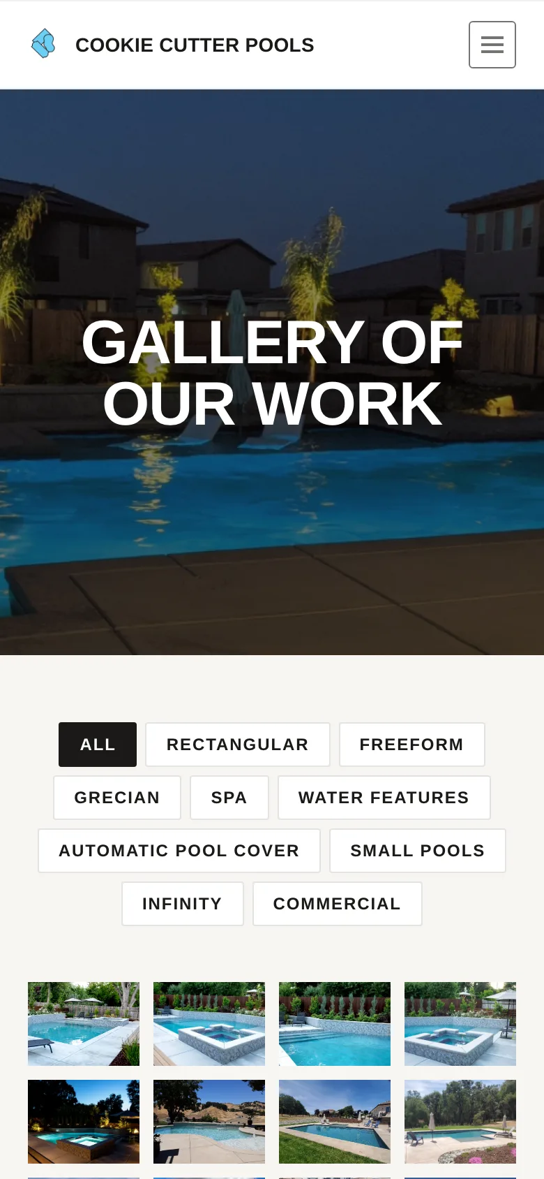 The Cookie Cutter Pools gallery on a phone with filters for pool shapes and features