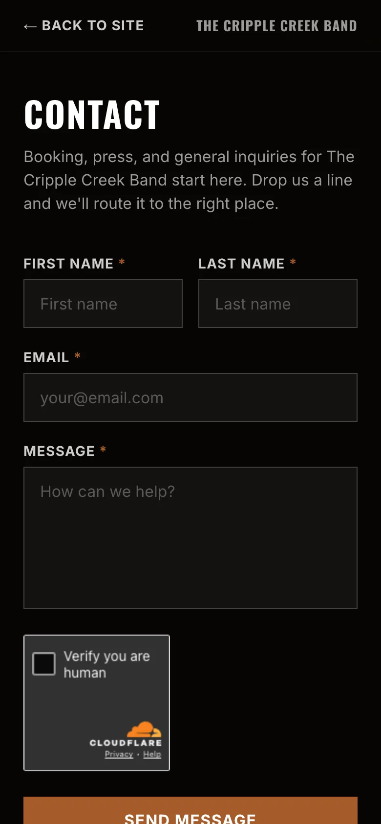 The Cripple Creek Band contact page on a phone, with the booking and press form