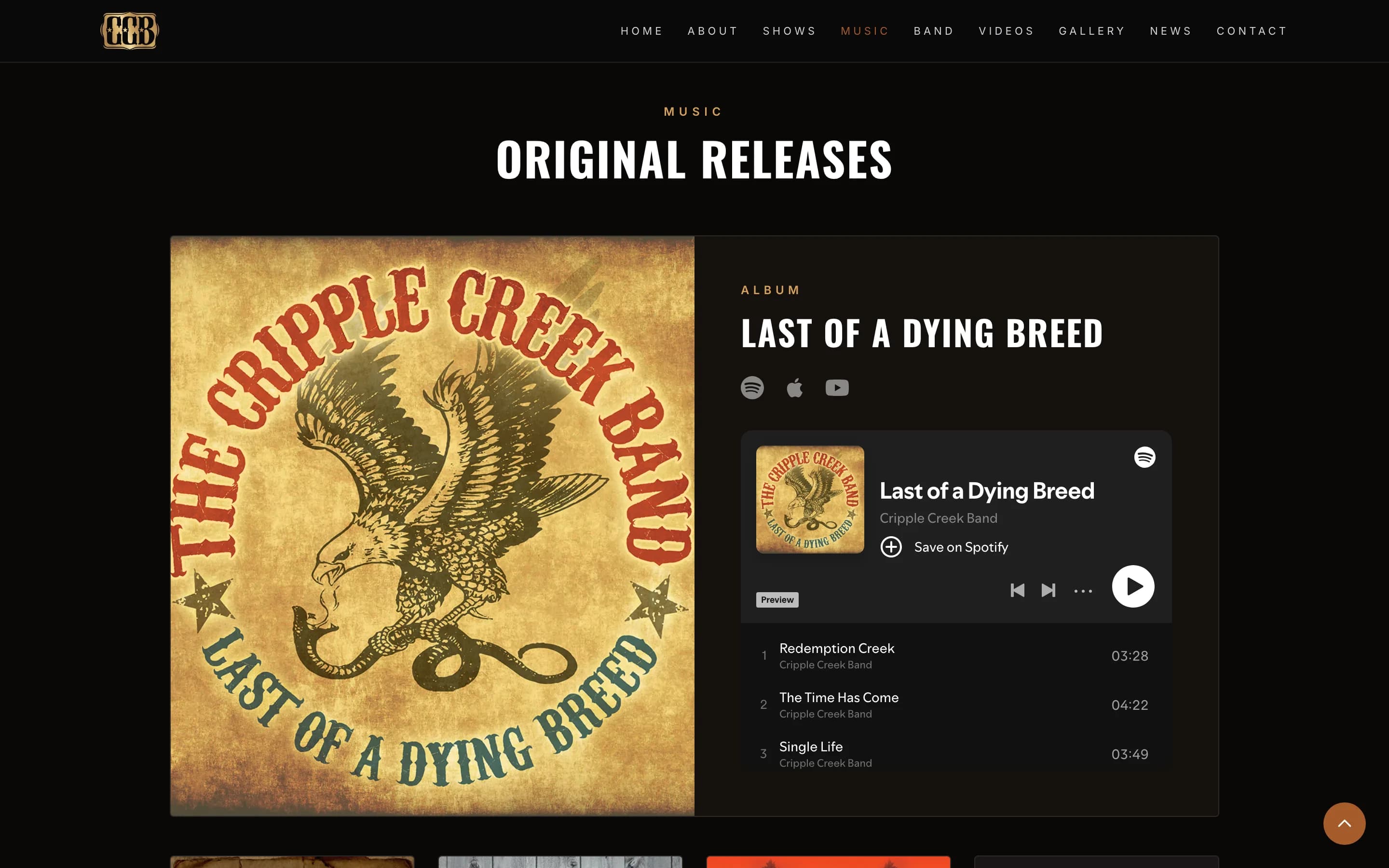 The Cripple Creek Band music section with an album cover and a player listing its songs
