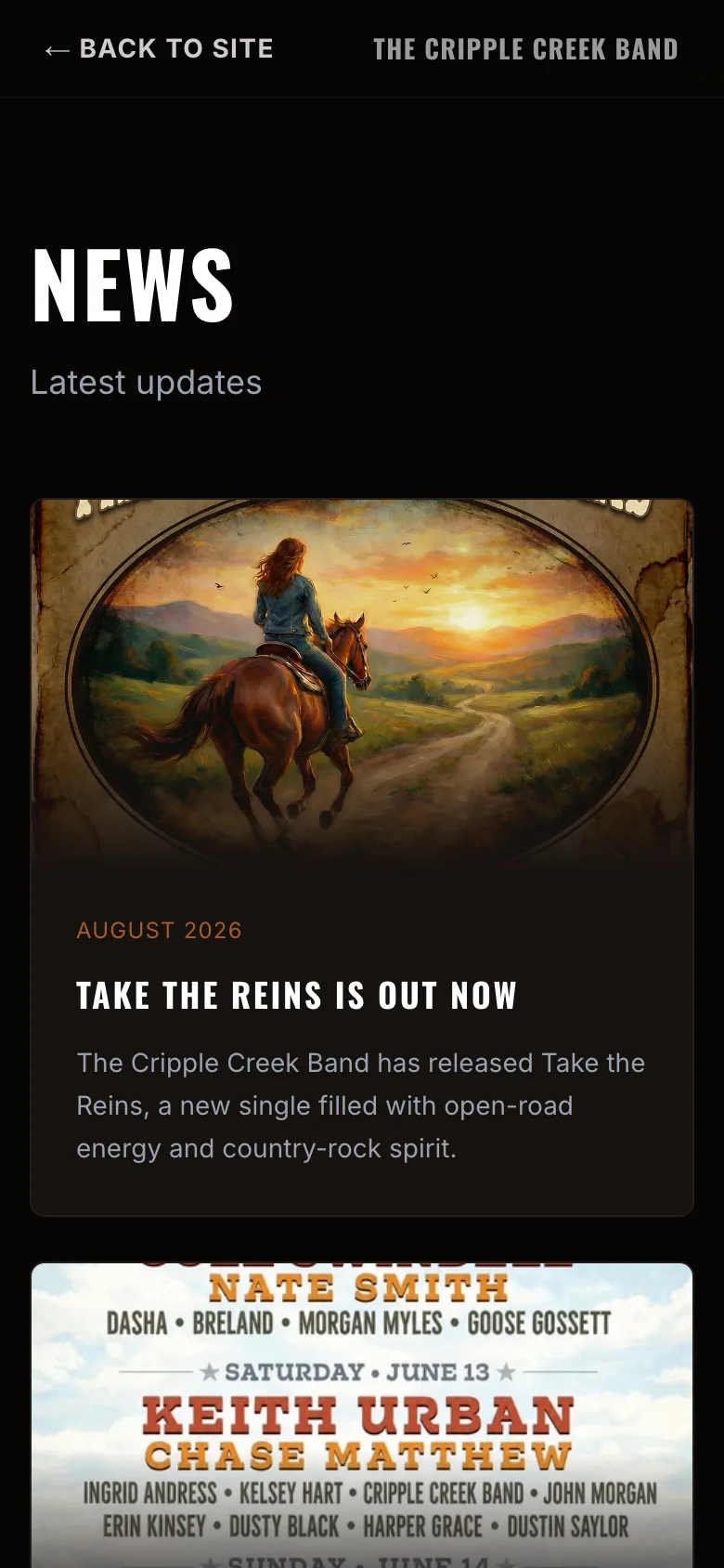 The Cripple Creek Band news page on a phone, with the newest story first