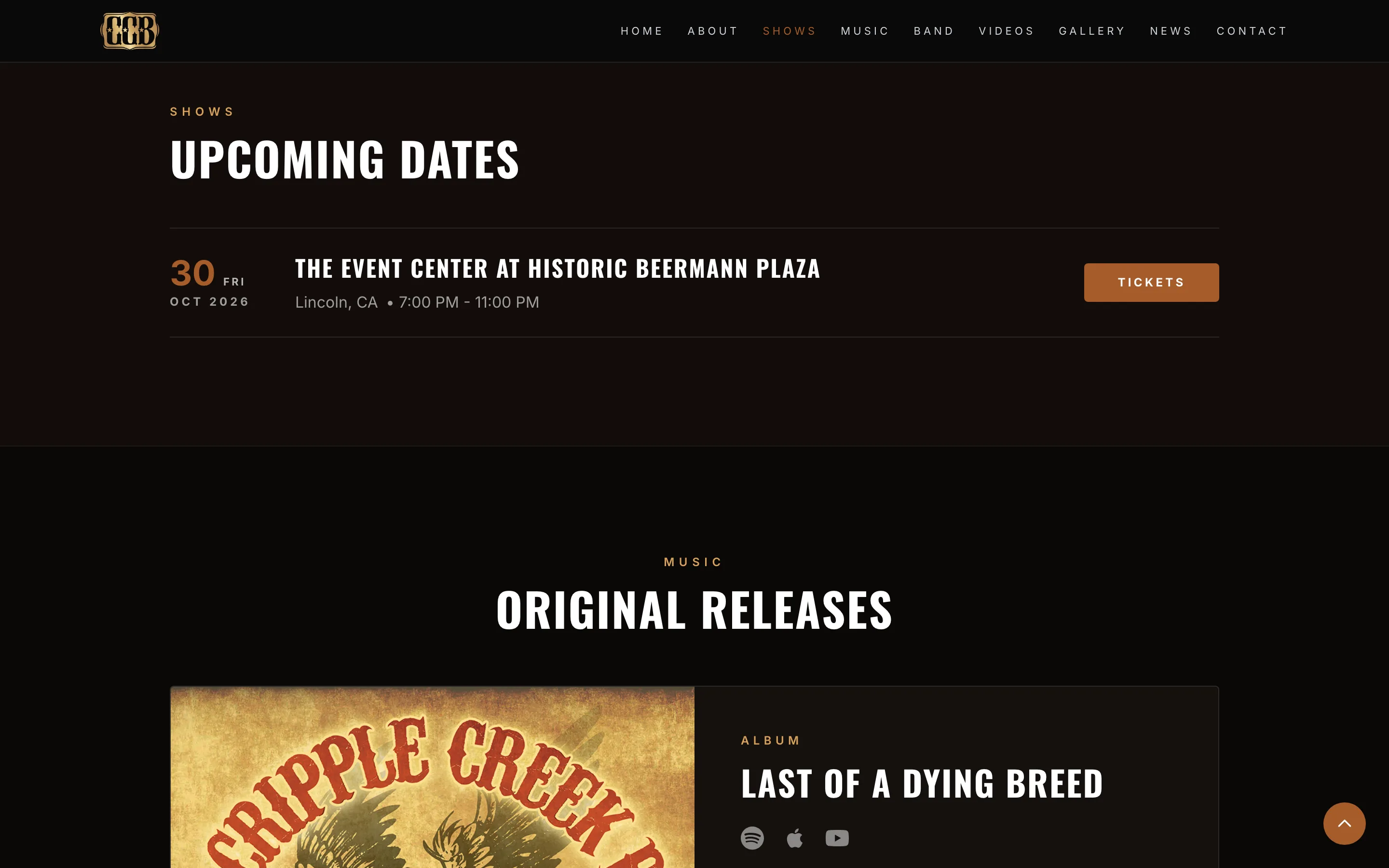 The Cripple Creek Band upcoming dates list, showing a show with its venue, town, set times and a tickets button