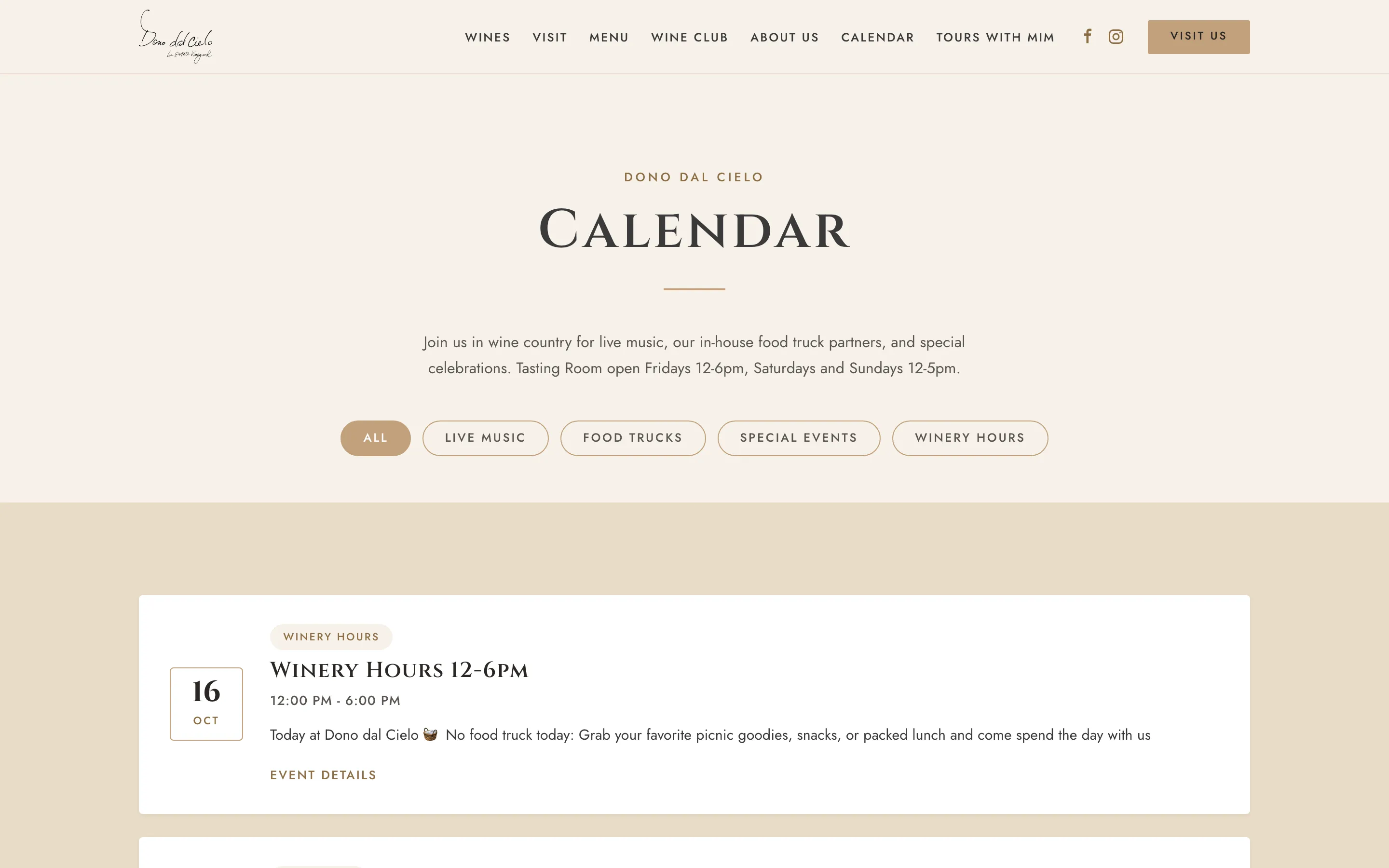 The Dono dal Cielo calendar with filter buttons for live music, food trucks, special events and winery hours