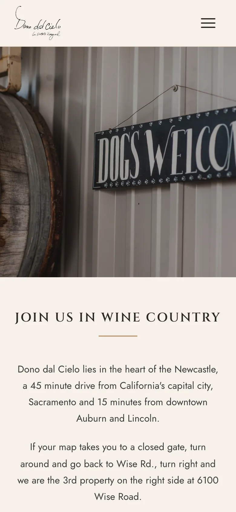 The Dono visit page on a phone with directions and tasting room hours