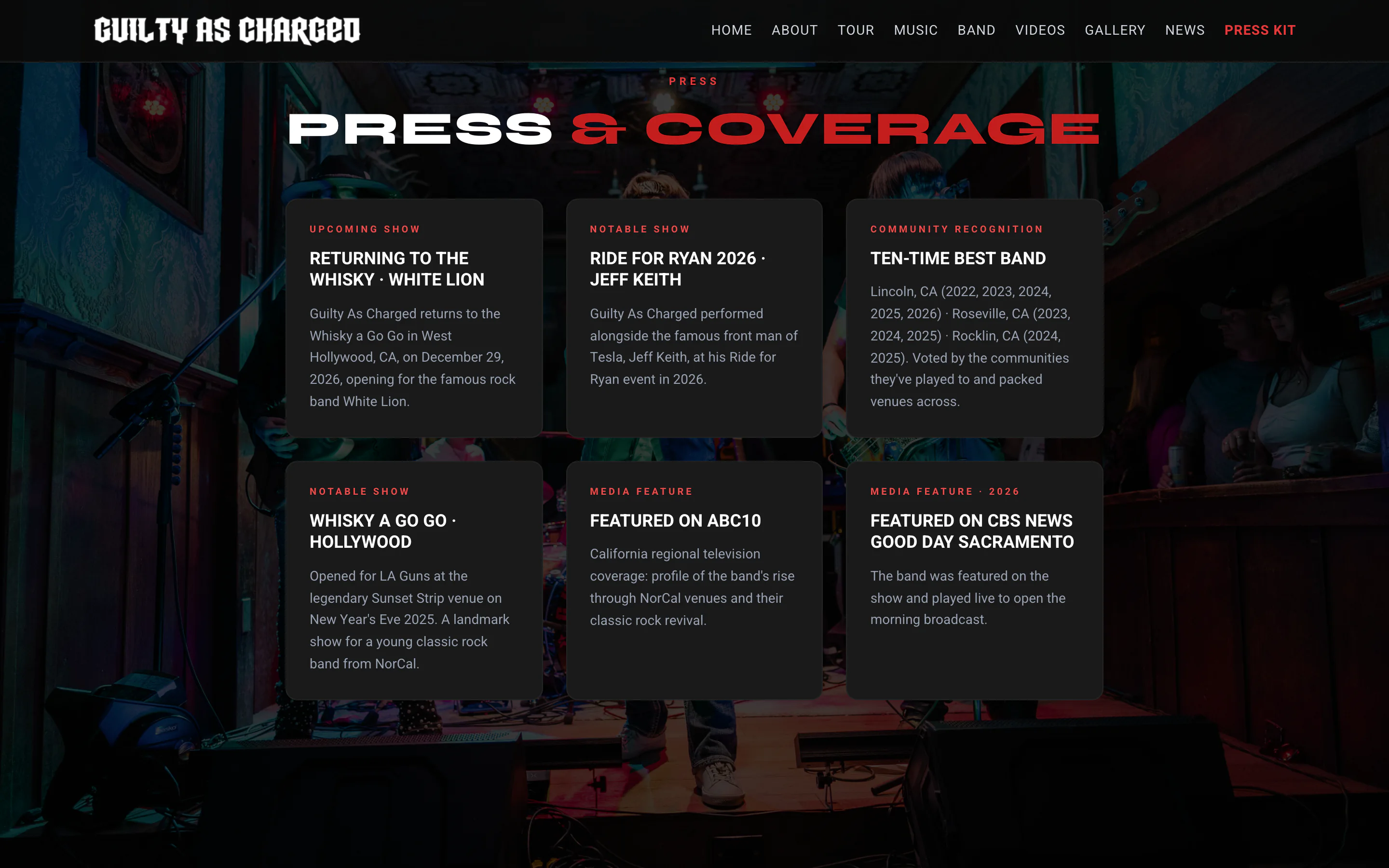 The Guilty As Charged press and coverage section with six cards, including Ten-time Best Band and the CBS Good Day Sacramento feature