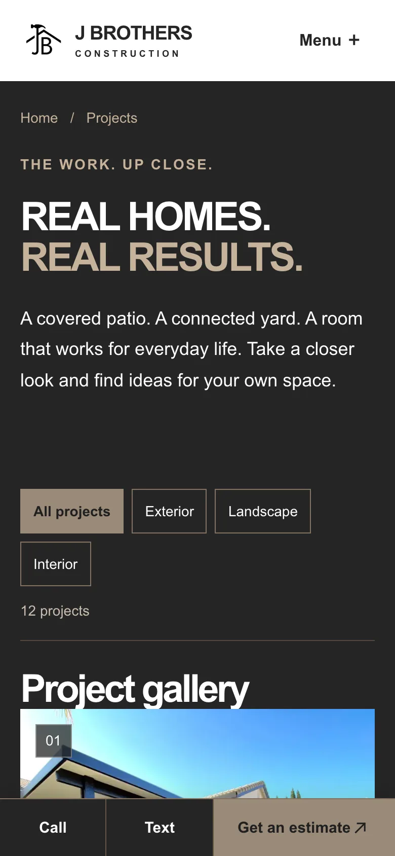 The J Brothers Construction projects page on a phone with filters and call, text and estimate buttons