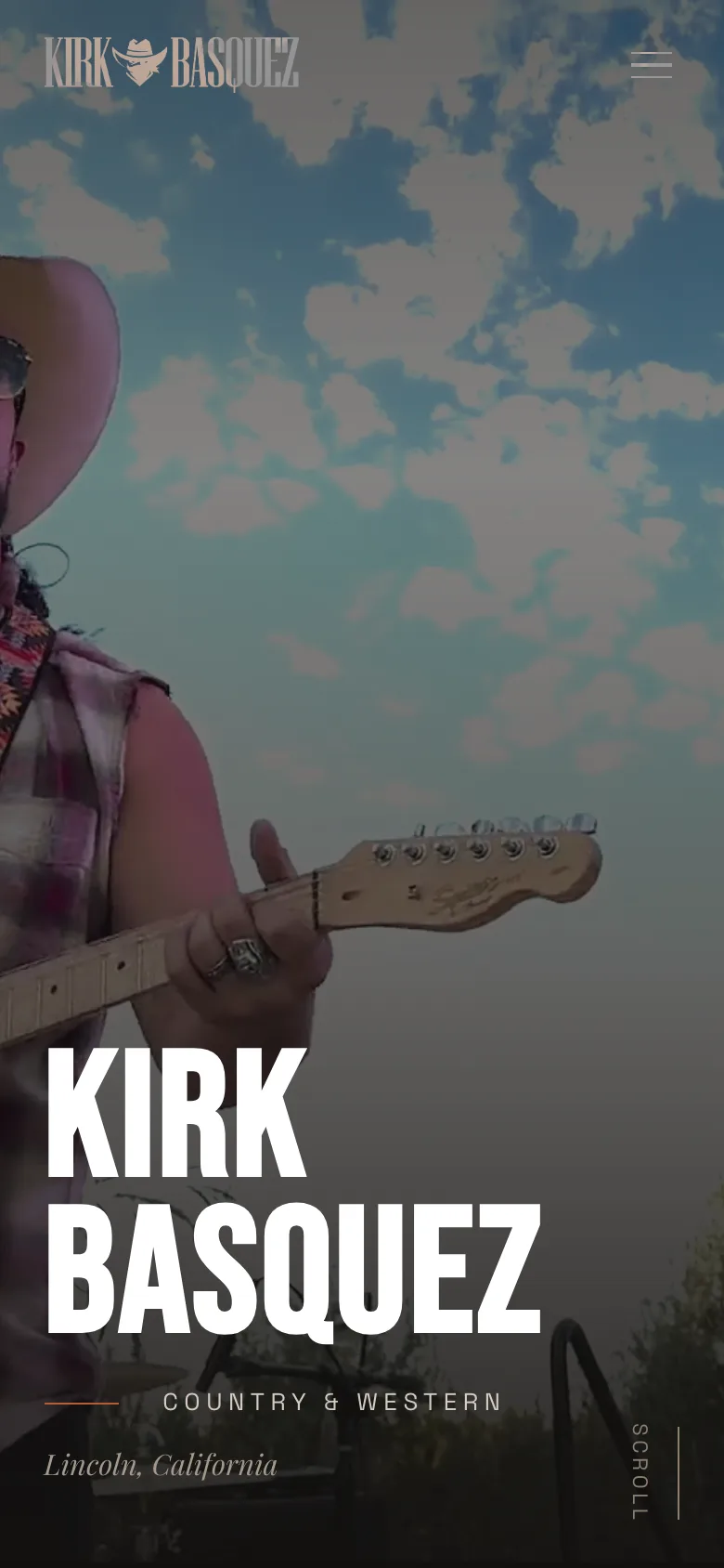The Kirk Basquez home page on a phone, with his name over a photo of him playing guitar
