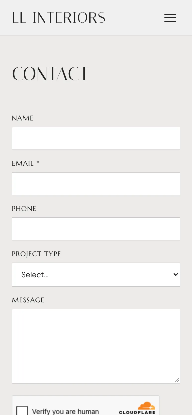 The LL Interiors contact form on a phone