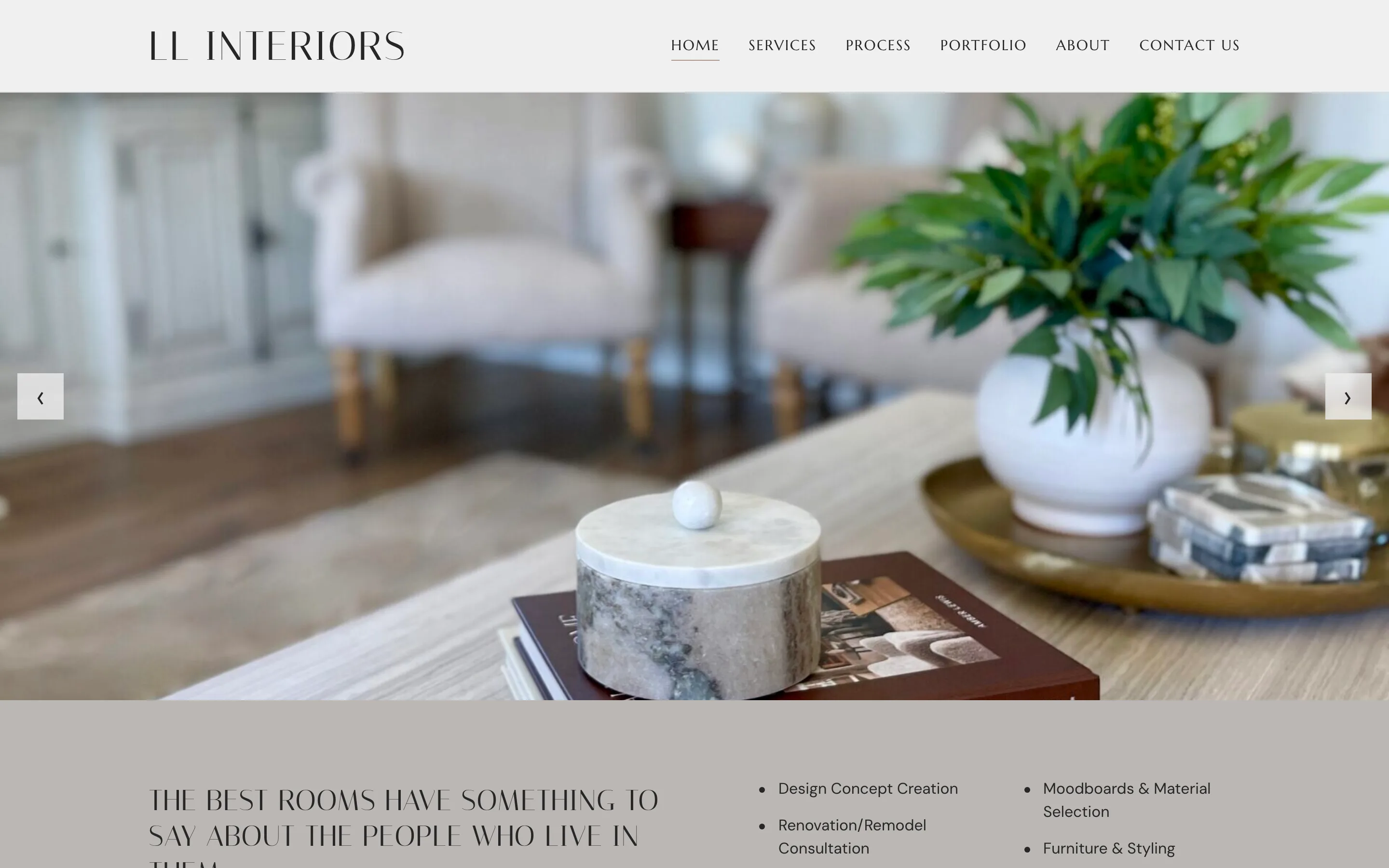 The LL Interiors home page, a slideshow of a styled living room under the studio name