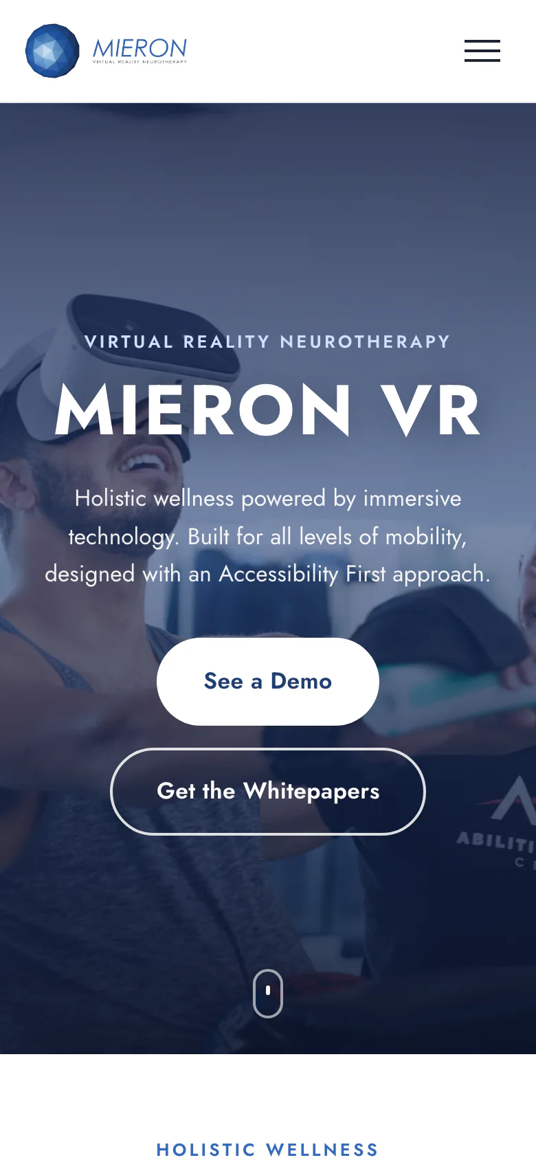 The MieronVR home page on a phone, with See a Demo and Get the Whitepapers buttons