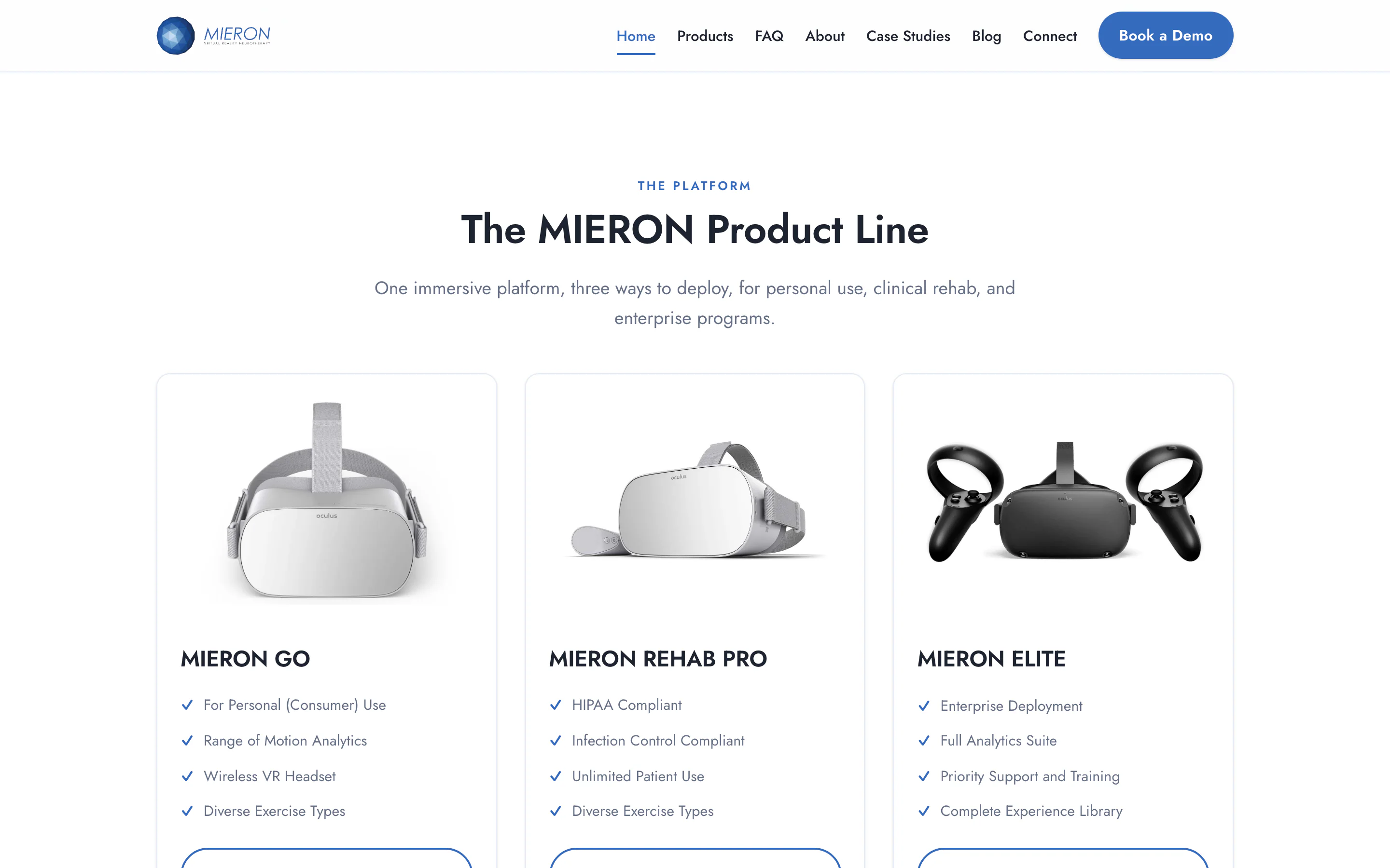 The MieronVR product line section with Mieron GO, Mieron Rehab Pro and Mieron Elite cards