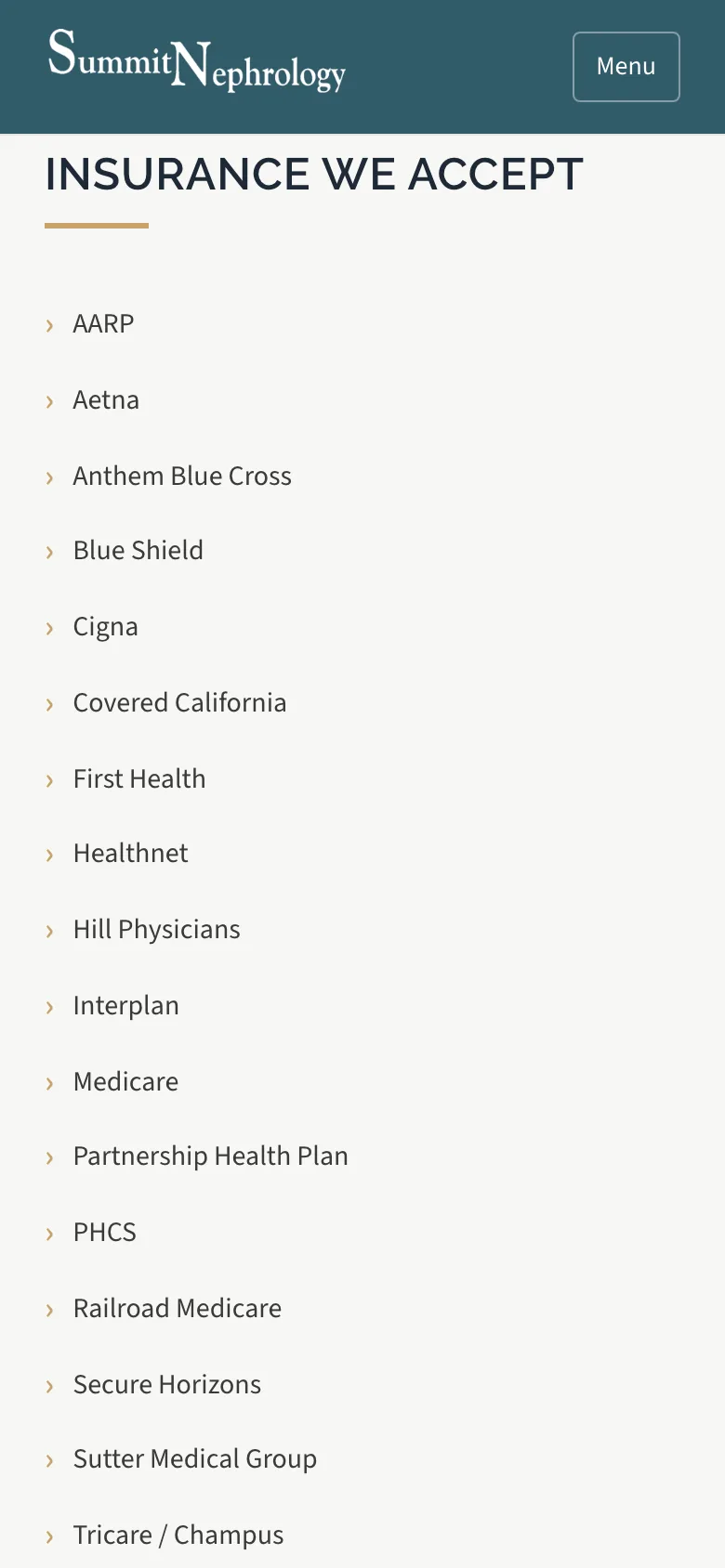 The Summit Nephrology insurance list on a phone