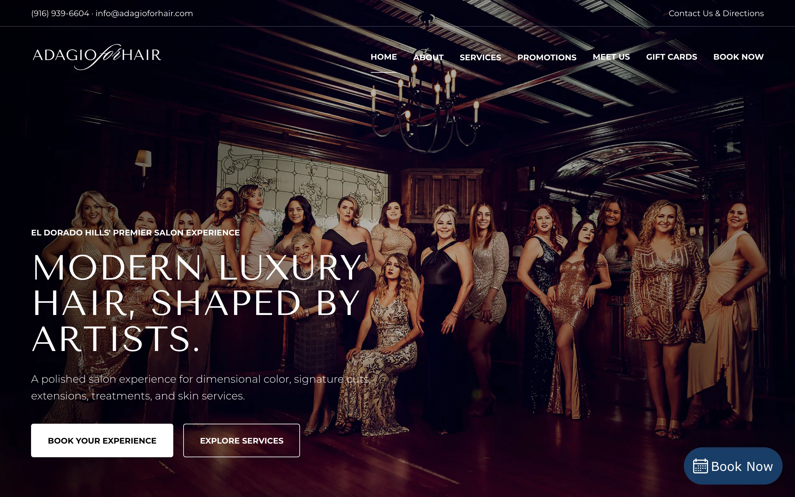 Adagio For Hair website with the headline Modern luxury hair, shaped by artists over a photo of the salon team