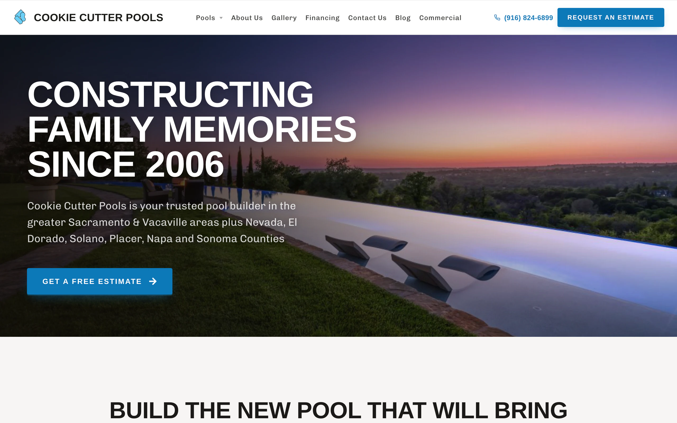 Cookie Cutter Pools website showing an infinity edge pool at sunset