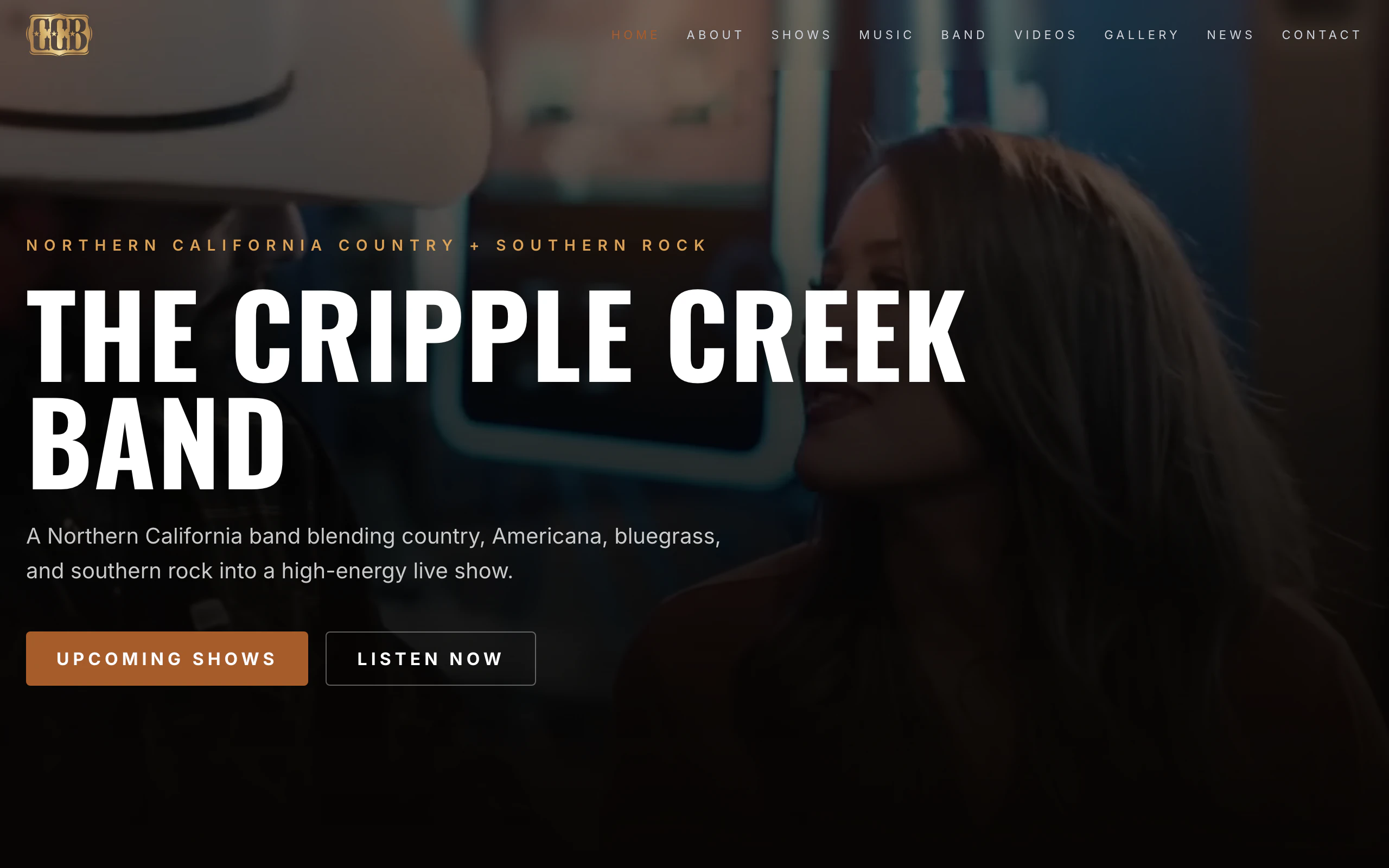 The Cripple Creek Band website with the band name over a still from a performance video
