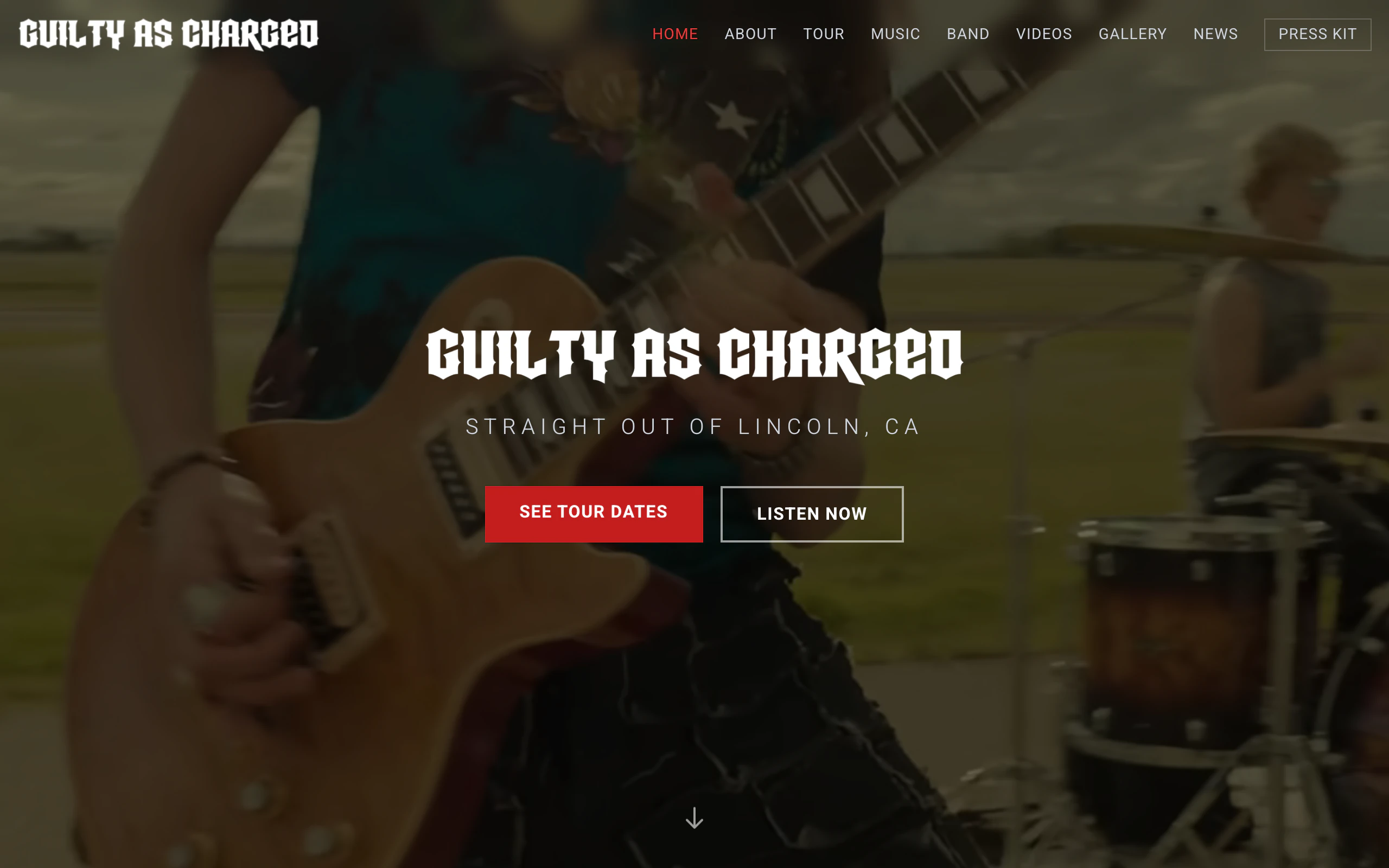 Guilty As Charged website with the band name and Straight out of Lincoln, CA over video of a guitarist playing