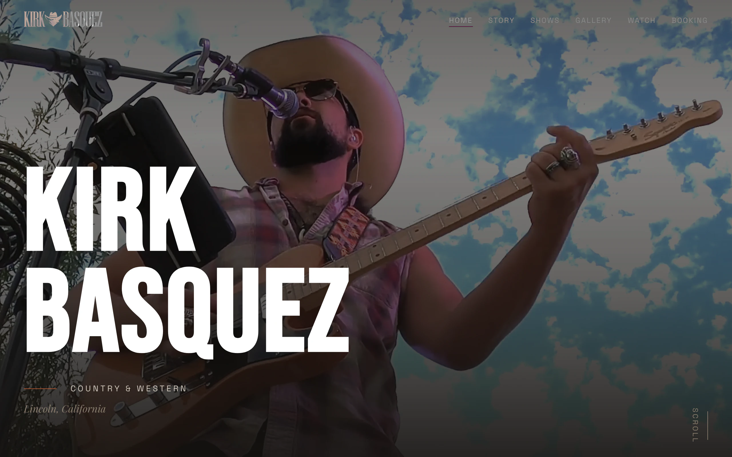 Kirk Basquez website with a country music performance photo