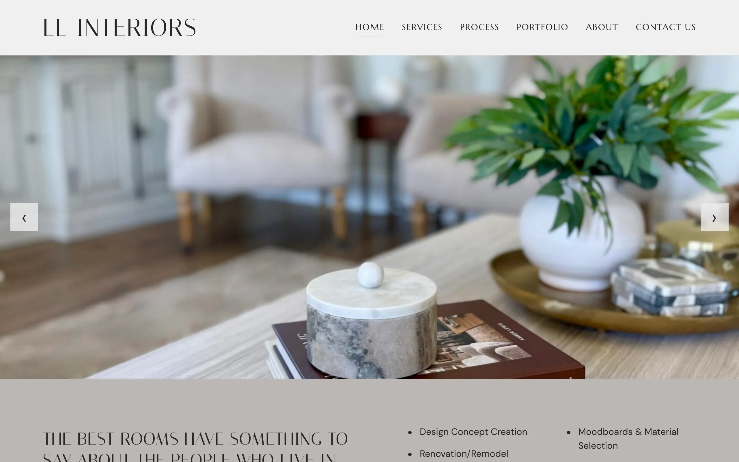 LL Interiors website with a styled living room under the studio name