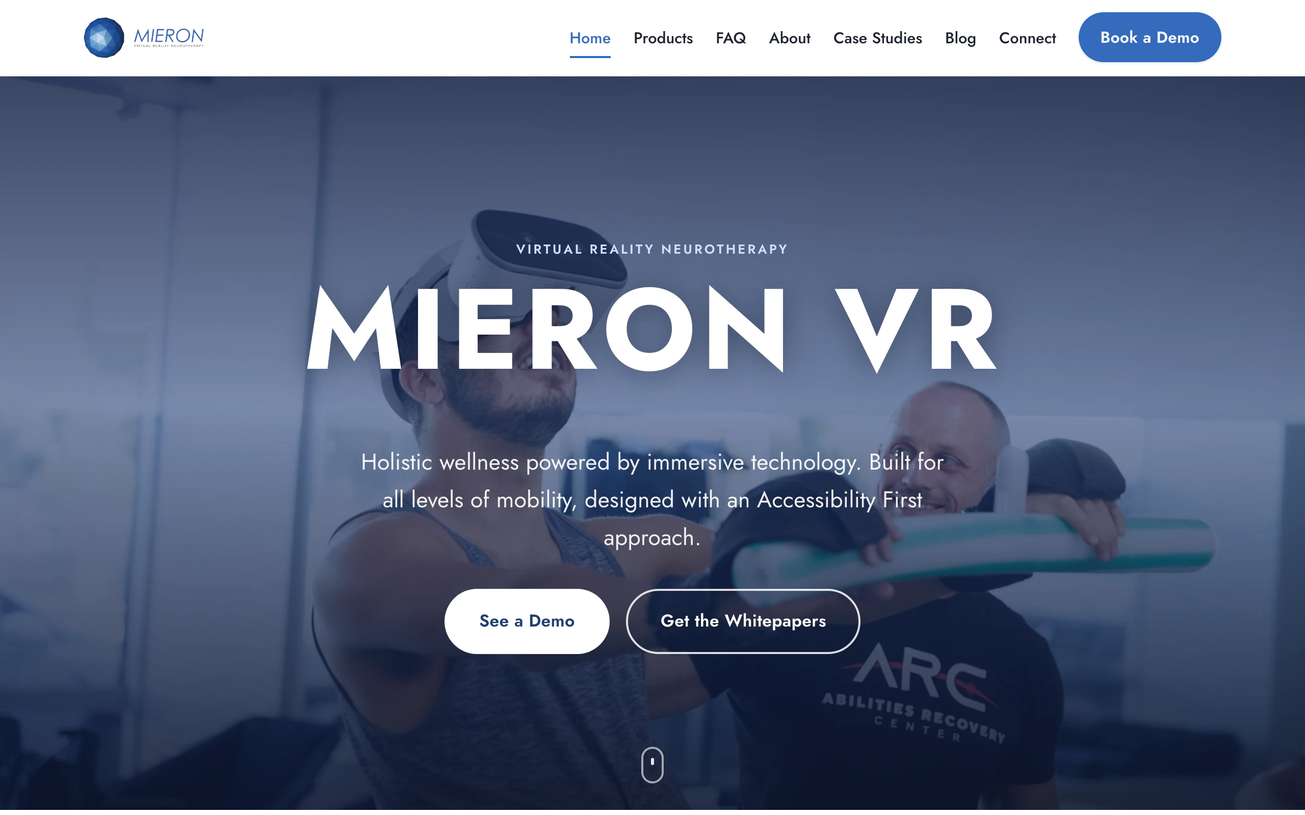 MieronVR website with the headline Mieron VR over a photo of a virtual reality therapy session